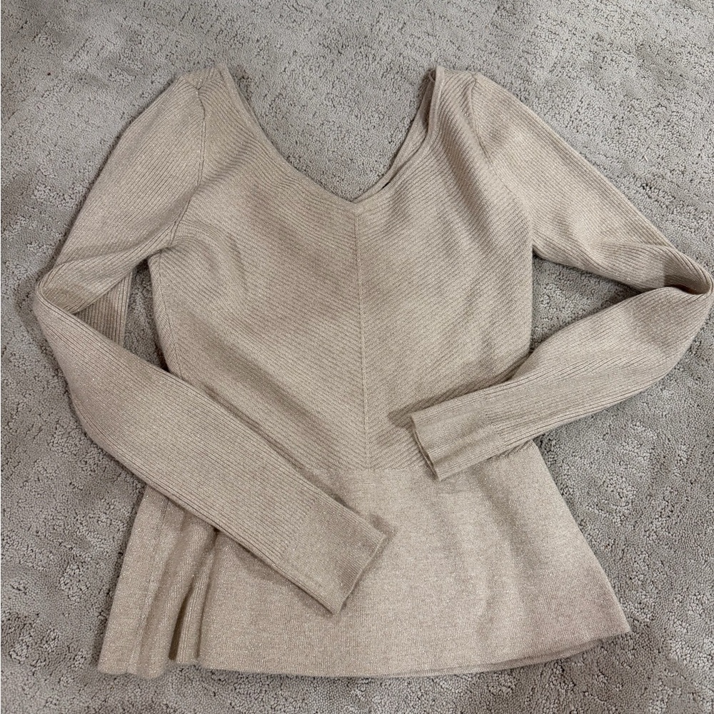 Beige V-Neck Ribbed Knit Top
